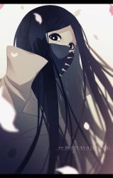 Rule 34 | 1girl, as nodt, black eyes, black hair, bleach, bleach: sennen kessen-hen, commentary request, english text, grey background, high collar, highres, jacket, letterboxed, long hair, looking at viewer, mask, mouth mask, petals, solo, spikes, sumire 1046, upper body, very long hair, white jacket