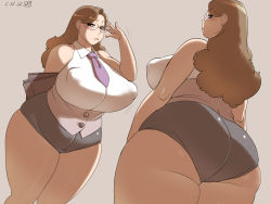 Rule 34 | 1girl, 2022, ass, breasts, brown hair, dated, doomcomic, fat, glasses, highres, huge breasts, necktie, shirt, shorts, solo