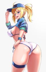Rule 34 | 1girl, ahoge, arched back, artoria pendragon (fate), ass, back, baseball cap, bikini, blonde hair, blue eyes, blue hat, blue jacket, blush, breasts, cropped jacket, fate/grand order, fate (series), hair between eyes, hair through headwear, hat, highres, jacket, kanki (kibunhasaikou), large breasts, long hair, looking at viewer, mysterious heroine x (fate), mysterious heroine xx (fate), open mouth, ponytail, shrug (clothing), side-tie bikini bottom, simple background, smile, solo, swimsuit, thigh strap, thighs, white background, white bikini, wristband