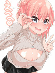 Rule 34 | 10s, 1girl, aran sweater, blue eyes, breasts, cable knit, cleavage, cleavage cutout, clothing cutout, cowboy shot, female focus, glasses, highres, jewelry, kurorettsu, large breasts, looking at viewer, meme attire, necklace, open-chest sweater, open mouth, pink hair, short hair, solo, sweater, text focus, translated, turtleneck, v, yahari ore no seishun lovecome wa machigatteiru., yuigahama yui