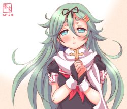 Rule 34 | 1girl, alternate costume, alternate hairstyle, black gloves, blue eyes, blush, bow, commentary request, cosplay, dated, fingerless gloves, gloves, green hair, hair between eyes, hair bow, hair ornament, hair ribbon, hairclip, highres, kanon (kurogane knights), kantai collection, looking at viewer, own hands clasped, own hands together, parted lips, ribbon, scarf, school uniform, serafuku, sketch, solo, yamakaze (kancolle), yuudachi (kancolle), yuudachi (kancolle) (cosplay)