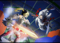 Rule 34 | 1boy, 1girl, absurdres, ahoge, altair ibn la-ahad, armor, armored dress, artoria pendragon (all), artoria pendragon (fate), assassin&#039;s creed, assassin&#039;s creed (series), attack, bare shoulders, blade, blonde hair, container, crossover, damaged, detached sleeves, dress, excalibur (fate/stay night), fate/stay night, fate/unlimited codes, fate (series), gauntlets, gloves, glowing, green eyes, hair ribbon, concealed weapon, hidden blade (assassin&#039;s creed), highres, hood, long hair, midair, night, night sky, ponytail, ribbon, saber (fate), saber lily, short sword, sky, sword, vambraces, warehouse, weapon