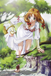 Rule 34 | 1girl, absurdres, basket, bra, brown hair, downblouse, dress, forest, green eyes, hair ribbon, highres, jewelry, lingerie, long hair, megami magazine, mew (words worth), nature, official art, open mouth, poster (medium), ribbon, rin-sin, ring, sandals, scan, solo, tree, twintails, underwear, words worth