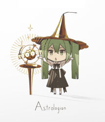 Rule 34 | 1girl, arms up, astrolabe, black skirt, chibi, chinese commentary, commentary, english text, full body, globe, green eyes, green hair, hat, hatsune miku, highres, horn (instrument), instrument, kieed, large hat, long hair, orb, outstretched arms, pleated skirt, shadow, shirt, skirt, solo, sparkle, standing, triangle mouth, twintails, very long hair, vocaloid, white background, white shirt, witch hat