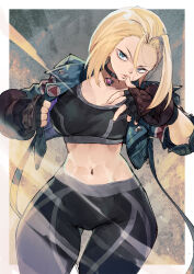 Rule 34 | 1girl, abs, antenna hair, black choker, black pants, black sports bra, blonde hair, blue eyes, blue jacket, breasts, cammy white, choker, fingerless gloves, gloves, highres, hyocorou, jacket, large breasts, looking at viewer, midriff, open clothes, open jacket, pants, scar, scar on face, simple background, solo, sparkle, sports bra, street fighter, street fighter 6, thigh gap, thighs, toned, yoga pants