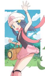Rule 34 | 1girl, :d, arm up, bag, beanie, black hair, black shirt, black socks, boots, border, bracelet, cloud, commentary request, creatures (company), dawn (pokemon), day, duffel bag, falling leaves, floating scarf, game freak, grass, hair ornament, hairclip, happy, hat, highres, jewelry, kneehighs, leaf, long hair, looking at viewer, nintendo, open mouth, outdoors, outside border, pink footwear, pink scarf, pink skirt, poke ball print, pokemon, pokemon dppt, poketch, scarf, shinomiya yutaka, shirt, skirt, sky, sleeveless, sleeveless shirt, smile, socks, solo, tongue, tree, watch, white border, white hat, wristwatch, yellow bag