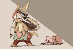 Rule 34 | 1girl, 1other, alternate eye color, animal ears, bad id, bad twitter id, closed mouth, furry, helmet, highres, kawasemi27, long hair, looking away, made in abyss, mitty (made in abyss), nanachi (made in abyss), red eyes, scar, scar on face, standing, tail, white hair