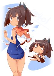Rule 34 | 10s, 1girl, ass, brown eyes, brown hair, chibi, from behind, i-401 (kancolle), kantai collection, one-piece swimsuit, personification, ponytail, reku, school swimsuit, short hair, solo, swimsuit