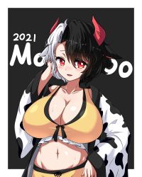 Rule 34 | 1girl, 2021, animal ears, animal print, black background, black hair, breasts, bright pupils, chinese zodiac, cleavage, collarbone, commentary request, cow ears, cow horns, cow print, hand in own hair, haori, highres, horns, huge breasts, japanese clothes, long hair, looking at viewer, midriff, multicolored hair, navel, open mouth, red eyes, revision, short hair, simple background, smile, solo, split-color hair, sweat, touhou, two-tone hair, ushizaki urumi, welchsbinn, white hair, wide sleeves, year of the ox
