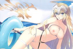 Rule 34 | 1girl, absurdres, adapted costume, all fours, beach, belt, bikini, blonde hair, blue eyes, blue sky, blush, breasts, chain, cleavage, closed mouth, day, fate/apocrypha, fate (series), flag, flower, headpiece, highres, innertube, jeanne d&#039;arc (fate), jeanne d&#039;arc (ruler) (fate), large breasts, long hair, looking at viewer, navel, nipples, open mouth, scan, sky, smile, solo, swim ring, swimsuit, thigh strap, tony taka, very long hair, white bikini