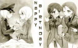 Rule 34 | 00s, 4girls, bad id, bad pixiv id, birthday, cake, erica hartmann, food, gertrud barkhorn, gift, glasses, happy birthday, kisetsu, minna-dietlinde wilcke, monochrome, multiple girls, pastry, sepia, strike witches, strike witches: suomus misfits squadron, ursula hartmann, world witches series