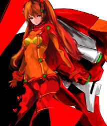 Rule 34 | 1girl, artist request, blue eyes, bodysuit, breasts, brown hair, eva 02, evangelion: 2.0 you can (not) advance, hair ornament, hairpods, highres, interface headset, long hair, looking at viewer, mecha, neon genesis evangelion, plugsuit, rebuild of evangelion, red bodysuit, robot, shiny clothes, skin tight, solo, souryuu asuka langley, test plugsuit, wide hips