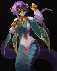 Rule 34 | 1girl, absurdres, animal hands, bare shoulders, basilisk (monster girl encyclopedia), blindfold, breasts, cheshikk, claws, commentary, feathers, highres, jewelry, lamia, large breasts, mask, monster girl, monster girl encyclopedia, navel, pointy ears, purple hair, revealing clothes, scales, short hair, sideboob, solo