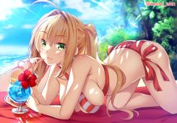 Rule 34 | 1girl, ahoge, all fours, ass, beach, beach mat, bikini, blonde hair, blue sky, blush, breasts, cleavage, criss-cross halter, day, earrings, fate/grand order, fate (series), green eyes, hair intakes, halterneck, izumi akane, jewelry, large breasts, long hair, looking at viewer, navel, nero claudius (fate), nero claudius (fate) (all), nero claudius (swimsuit caster) (fate), ocean, outdoors, sand, side-tie bikini bottom, sidelocks, sky, smile, solo, striped bikini, striped clothes, sunlight, swimsuit, tropical drink, twintails, twitter username