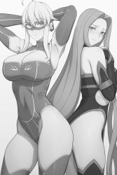 Rule 34 | 2girls, ahoge, armpits, artoria pendragon (fate), artoria pendragon (lancer) (fate), bare shoulders, black dress, black footwear, black sleeves, blonde hair, blue gloves, blue legwear, blue leotard, blush, boots, braid, breasts, cleavage, collar, detached sleeves, domino mask, dress, fate/grand order, fate/stay night, fate (series), french braid, gloves, green eyes, greyscale, hair between eyes, highleg, highleg leotard, highres, large breasts, leotard, long hair, long sleeves, looking at viewer, lvl (sentrythe2310), mask, medusa (fate), medusa (rider) (fate), monochrome, multiple girls, purple collar, purple eyes, purple hair, ribbon, short dress, sidelocks, skindentation, square pupils, strapless, strapless dress, swept bangs, thigh boots, thighhighs, thighs, very long hair