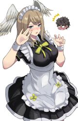 Rule 34 | 1girl, ^^^, alternate costume, apron, black dress, black hair, blue eyes, blush, breasts, brown hair, commentary request, dark-skinned male, dark skin, dress, embarrassed, enmaided, eunie (xenoblade), frilled apron, frills, glasses, hands up, head wings, highres, large breasts, looking at viewer, maid, maid apron, maid headdress, medium hair, short hair, short sleeves, taion (xenoblade), waist apron, white apron, white wings, white wrist cuffs, wings, wrist cuffs, xenoblade chronicles (series), xenoblade chronicles 3, yamame 012
