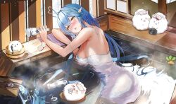 Rule 34 | 1girl, ahoge, back, bare arms, blue hair, blush, bottle, breasts, comiket 102, commentary request, curvy, double-parted bangs, drunk, eyelashes, fang, floating hair, gun, hair between eyes, hair spread out, handgun, heart, heart ahoge, highres, holding, holding bottle, holding gun, holding weapon, hololive, indoors, large breasts, long hair, looking at viewer, lying, mugiusagi, naked towel, nose blush, on side, onsen, open mouth, partially submerged, pointing, pointing at viewer, pointy ears, second-party source, sideboob, skin fang, solo, steam, towel, very long hair, video camera, virtual youtuber, water drop, weapon, wet, wet hair, wet towel, window, winter, yellow eyes, yukihana lamy