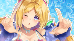 Rule 34 | 1girl, ;o, aki rosenthal, aki rosenthal (sleepwear), blonde hair, blush, bob cut, breasts, checkered background, cleavage, collarbone, detached hair, enatsu, finger frame, hair ornament, highres, hololive, one eye closed, open mouth, parted bangs, purple eyes, solo, star (symbol), starry background, virtual youtuber