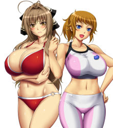 Rule 34 | 10s, 2girls, amagi brilliant park, ameoto, bare shoulders, bike shorts, bikini, blue eyes, breast hold, breasts, brown eyes, brown hair, crossed arms, crossover, frown, gundam, gundam build fighters, gundam build fighters try, hoshino fumina, huge breasts, large breasts, long hair, midriff, multiple girls, navel, o-ring, o-ring bottom, o-ring top, red bikini, season connection, sento isuzu, simple background, smile, swimsuit, thigh gap, white background