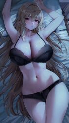 Rule 34 | 1girl, absurdres, armpits, arms up, bare arms, bare shoulders, black bra, black panties, blonde hair, bra, breasts, cleavage, commission, elf, gompang 11, hair ornament, highres, huge breasts, lace, lace-trimmed bra, lace-trimmed panties, lace trim, long hair, looking at viewer, lying, mole, mole on thigh, mole under eye, mole under mouth, navel, on back, original, panties, pointy ears, red eyes, skindentation, solo, spaghetti strap, stomach, thighs, underwear, very long hair