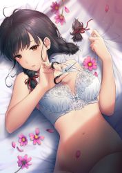 Rule 34 | 1girl, aimori meguru, bare shoulders, bed sheet, black hair, blush, bow, bow bra, bra, braid, breasts, brown eyes, closed mouth, commentary request, cutting hair, cutting own hair, flower, groin, hair ribbon, highres, holding, holding scissors, lace, lace-trimmed bra, lace trim, large breasts, looking at viewer, lying, medium hair, navel, on back, on bed, original, petals, ribbon, scissors, severed hair, solo, tress ribbon, twin braids, twintails, underwear, underwear only, white bra