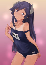 Rule 34 | black hair, blue one-piece swimsuit, character name, cowboy shot, flat chest, fuji (pixiv24804665), gradient background, headgear, highres, i-400 (kancolle), kantai collection, long hair, looking at viewer, name tag, one-piece swimsuit, one-piece tan, pink background, purple eyes, school swimsuit, steaming body, swimsuit, tan, tanline
