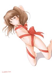 Rule 34 | 10s, 1girl, arms up, breasts, brown eyes, brown hair, dated, dutch angle, full body, hazuki futahi, kantai collection, naked ribbon, navel, pouty lips, ribbon, ryuujou (kancolle), small breasts, solo, twintails, twitter username