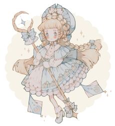 Rule 34 | 1girl, adoptable, back bow, blonde hair, blue bow, blue bowtie, blue capelet, blue eyes, blue footwear, blue hat, blue skirt, blush, blush stickers, bonnet, bow, bowtie, braid, buttons, capelet, circle, commentary, crescent print, diamond brooch, english commentary, eyelashes, frilled bow, frilled capelet, frilled hat, frilled skirt, frilled sleeves, frilled socks, frills, hair bow, hat, hat bow, highres, holding, holding staff, layered capelet, layered skirt, littlebluemuffin, long hair, long sleeves, looking at viewer, mary janes, medium skirt, multiple braids, multiple hair bows, original, parted lips, puffy long sleeves, puffy sleeves, shirt, shoes, skirt, skirt set, smile, socks, sparkle hair ornament, sparkle print, staff, very long hair, white background, white bow, white capelet, white shirt, white skirt, white socks