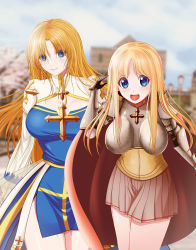 Rule 34 | 2girls, arch bishop (ragnarok online), armor, blonde hair, blue dress, blue eyes, blue sky, blurry, blurry background, blush, boobplate, breastplate, breasts, brown skirt, building, cecil (wing r), chainmail, chinese commentary, cleavage, cleavage cutout, closed mouth, clothing cutout, cloud, commentary, cowboy shot, cross, dress, english commentary, gauntlets, large breasts, long hair, looking at viewer, lord knight (ragnarok online), miniskirt, mixed-language commentary, multiple girls, open mouth, paid reward available, pauldrons, pelvic curtain, pleated skirt, ragnarok online, shoulder armor, skirt, sky, smile, tree, two-tone dress, white dress