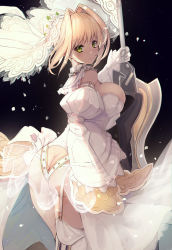 Rule 34 | 1girl, aestus estus, ahoge, ass, ass cutout, back, bare shoulders, blonde hair, blush, breasts, butt crack, chain, clothing cutout, detached collar, detached sleeves, elbow gloves, fate/extra, fate/extra ccc, fate/grand order, fate (series), flower wreath, garter straps, gloves, green eyes, hair between eyes, hair intakes, head wreath, highleg, highleg leotard, highres, large breasts, leotard, lock, long hair, looking at viewer, nero claudius (bride) (fate), nero claudius (bride) (second ascension) (fate), nero claudius (fate), nero claudius (fate) (all), padlock, petals, puffy sleeves, solo, sword, thighhighs, thighs, untue, veil, weapon, white gloves, white leotard, white thighhighs, wide sleeves
