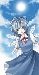 Rule 34 | 1girl, bad id, bad pixiv id, blue eyes, blue hair, bow, cirno, day, dress, female focus, hair bow, ice, matching hair/eyes, open mouth, short hair, sky, smile, solo, soraxsky, embodiment of scarlet devil, touhou, wings