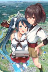 Rule 34 | 10s, 2girls, bare shoulders, blue eyes, blue hair, blush, breasts, brown eyes, brown hair, cleavage, giant, giantess, green eyes, highres, huge giantess, ichikawa feesu, ise (kancolle), isuzu (kancolle), isuzu motors, japanese clothes, kantai collection, long hair, looking at viewer, map, motor vehicle, multiple girls, name connection, nontraditional miko, open mouth, ponytail, river, school uniform, serafuku, short hair, smile, spoon, standing, translation request, tray, truck, twintails