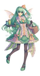 Rule 34 | 1girl, absurdres, adapted costume, aged up, apron, basket, bow, center frills, collar, collared dress, commentary, daiyousei, dated, dress, drink, elbow gloves, fairy wings, food, frilled collar, frilled dress, frills, gloves, green dress, green eyes, green footwear, green hair, hair bow, highres, holding, holding food, mechrailgun, necktie, pantyhose, simple background, smile, solo, touhou, tray, white background, wings, yellow bow, yellow necktie