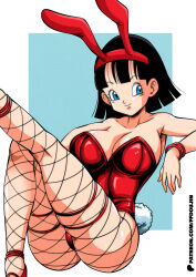 1girl absurdres ass black_hair blue_eyes breasts bunny_girl_suit dragon_ball dragon_ball_super dress happy highres huge_ass large_breasts rabbit_ears rabbit_tail red_dress smile tagme thick_thighs thighs videl