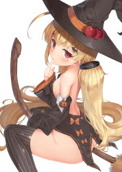 Rule 34 | 1girl, apple, ass, azur lane, bare back, bare shoulders, black thighhighs, blonde hair, blush, breasts, broom, commentary request, detached sleeves, dress, eldridge (azur lane), facial mark, female focus, finger to mouth, food, fruit, fujieda uzuki, hair ornament, hairclip, halloween, halloween costume, hat, highres, long hair, looking at viewer, no panties, red eyes, simple background, sleeveless, sleeveless dress, small breasts, solo, straddling, striped clothes, striped thighhighs, thighhighs, twintails, vertical-striped clothes, vertical-striped thighhighs, very long hair, white background, witch, witch hat