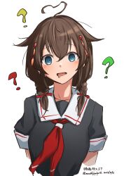 Rule 34 | 1girl, @ @, absurdres, ahoge, black serafuku, blue eyes, braid, brown hair, commentary request, confused, cropped torso, drooling, hair flaps, hair ornament, hair over shoulder, heart, heart ahoge, highres, kantai collection, looking at viewer, neckerchief, red neckerchief, sailor collar, school uniform, serafuku, shigure (kancolle), shigure kai ni (kancolle), shigure kai san (kancolle), simple background, single braid, solo, umibudou, upper body, white background, white sailor collar