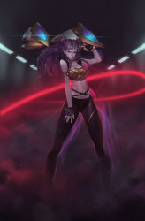 Rule 34 | 1girl, afterimage, bare shoulders, black gloves, bracelet, braid, breasts, cleavage, collarbone, double bun, fingerless gloves, floating, floating object, floating weapon, gloves, hair bun, highres, jewelry, k/da (league of legends), k/da kai&#039;sa, kai&#039;sa, league of legends, lens flare, lights, medium hair, midfinger, navel, parted lips, pointing, purple eyes, purple hair, purple lips, smile, smoke, solo, standing, tight clothes, weapon