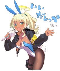Rule 34 | 1girl, :d, animal ears, black jacket, black pantyhose, blonde hair, blue archive, blue eyes, breasts, cleavage, dark-skinned female, dark skin, green nails, halo, highres, holding, holding microphone, jacket, kyuuri (miyako), large breasts, leotard, microphone, nail polish, open clothes, open jacket, open mouth, pantyhose, playboy bunny, ponytail, rabbit ears, rabbit tail, shinon (blue archive), smile, solo, star-shaped pupils, star (symbol), symbol-shaped pupils, tail, watermark