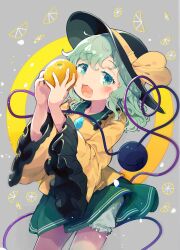 Rule 34 | 1girl, absurdres, aqua eyes, bloomers, blush, breasts, commentary request, contrapposto, cowboy shot, fangs, food, frills, fruit, green hair, grey background, hands up, hat, heart, heart in eye, highres, holding, holding food, holding fruit, koishi day, komeiji koishi, long hair, open mouth, orange (fruit), shirt, simple background, small breasts, solo, symbol in eye, third eye, tongue, toroid (621997), touhou, underwear, wide sleeves, yellow shirt