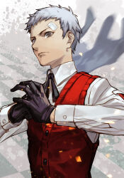 Rule 34 | 1boy, black gloves, black ribbon, closed mouth, collared shirt, gloves, grey eyes, grey hair, hungry clicker, long sleeves, looking at viewer, male focus, neck ribbon, own hands together, persona, persona 3, red sweater vest, ribbon, sanada akihiko, shirt, simple background, solo, sweater vest, upper body, white shirt