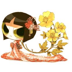 Rule 34 | 1girl, :&lt;, angry, black hair, blush, buttercup (ppg), chibi, flower, hair down, hair ornament, japanese clothes, kimono, layered clothes, layered kimono, looking back, lowres, name connection, powerpuff girls, short hair, solo, stone (shirokanipe ranran)