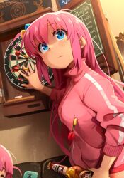Rule 34 | 2girls, baltika (beer), beer bottle, blue eyes, blush, bocchi the rock!, bottle, breasts, chalk, chalkboard, closed eyes, closed mouth, cube hair ornament, dart, dartboard, gotoh hitori, hair between eyes, hair ornament, highres, hiroi kikuri, holding, holding bottle, holding phone, indoors, jacket, khyle., large breasts, long hair, multiple girls, one side up, phone, pink hair, pink jacket, siblings, sisters, solo focus, track jacket