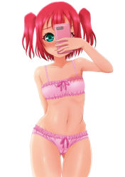 Rule 34 | 1girl, arm behind back, bare arms, bare legs, bare shoulders, blush, bow, bow bra, bow panties, bra, breasts, cameltoe, cellphone, collarbone, cowboy shot, embarrassed, enotato, female focus, gluteal fold, holding, holding phone, kurosawa ruby, love live!, love live! sunshine!!, mirror, navel, panties, phone, red hair, simple background, small breasts, smartphone, solo, thigh gap, two side up, underwear, white background