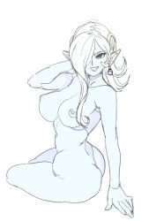 Rule 34 | 1girl, arm behind head, artist request, ass, blue skin, breasts, collarbone, colored skin, demon girl, dragon ball, dragon ball xenoverse, earrings, female focus, grey eyes, hair ornament, hair over one eye, jewelry, large breasts, long hair, nipples, nude, pale color, pointy ears, simple background, sitting, solo, source request, towa (dragon ball), white background