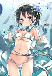 Rule 34 | 1girl, bare shoulders, bikini, black hair, blue eyes, blue flower, blush, breasts, cleavage, commentary request, cowboy shot, earrings, fish, flower, futaba miwa, gluteal fold, hair flower, hair ornament, jewelry, long hair, looking at viewer, medium breasts, navel, off shoulder, open clothes, original, side ponytail, sidelocks, signature, smile, solo, standing, stomach, swimsuit, thighs, white bikini, wide sleeves, wind chime