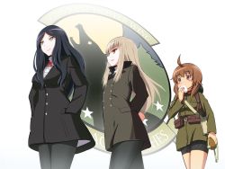 Rule 34 | 3girls, 505th joint fighter wing, ahoge, arms behind back, black hair, black legwear, blonde hair, blush stickers, breasts, brown eyes, brown hair, constantia cantacuzino, eating, flask, food, grete m. gollob, hands in pockets, inufusa yuno, jacket, kaneko (novram58), logo, long hair, medium breasts, multiple girls, onigiri, pantyhose, simple background, small breasts, strike witches, world witches series, yellow eyes