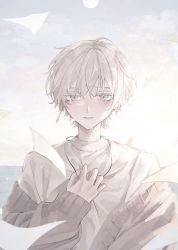 Rule 34 | 1boy, bishounen, brown sweater, closed mouth, cloud, crying, crying with eyes open, day, earrings, green eyes, grey shirt, grey theme, highres, holding, holding jewelry, holding necklace, jewelry, long sleeves, looking at viewer, male focus, moon, necklace, original, outdoors, paper, shioshiha, shirt, short hair, sky, solo, sweater, tears, upper body, white hair
