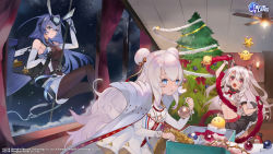 Rule 34 | + +, 3girls, :3, ahoge, animal ears, asymmetrical hair, azur lane, backpack, bag, belt, black bodysuit, black gloves, black skirt, blue eyes, blue hair, bodysuit, box, braid, breasts, ceiling, ceiling fan, christmas, christmas ornaments, christmas tree, closed mouth, commentary, cropped shirt, curtains, dog ears, dog girl, dog tail, double bun, dress, elbow gloves, english commentary, fingerless gloves, frilled skirt, frills, gloves, hair between eyes, hair bun, hair intakes, headpiece, highres, le malin (azur lane), long hair, manjuu (azur lane), medium breasts, miniskirt, multiple girls, navel, new jersey (azur lane), night, night sky, official art, open mouth, pleated skirt, rappelling, red belt, red eyes, second-party source, shirt, short sleeves, side braid, silver hair, single braid, skirt, sky, small breasts, smile, stomach, tail, thick eyebrows, tile ceiling, tiles, tinsel, underboob, uonomeuroko, watermark, white dress, white gloves, white shirt, white skirt, window, yuudachi (azur lane)