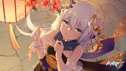 Rule 34 | 1girl, :d, bare shoulders, blue eyes, china dress, chinese clothes, cobblestone, copyright name, dress, flower, hair between eyes, hair flower, hair ornament, highres, honkai (series), honkai impact 3rd, lantern, logo, long hair, looking at viewer, official art, open mouth, paper lantern, red flower, second-party source, smile, smirk, solo, tassel, theresa apocalypse, white hair, zhuge kongming (honkai impact)