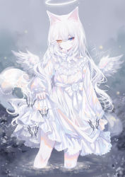 Rule 34 | 1girl, animal ears, cat ears, cat tail, dress, feathered wings, halo, highres, original, sheya, silver hair, solo, tail, white dress, wings